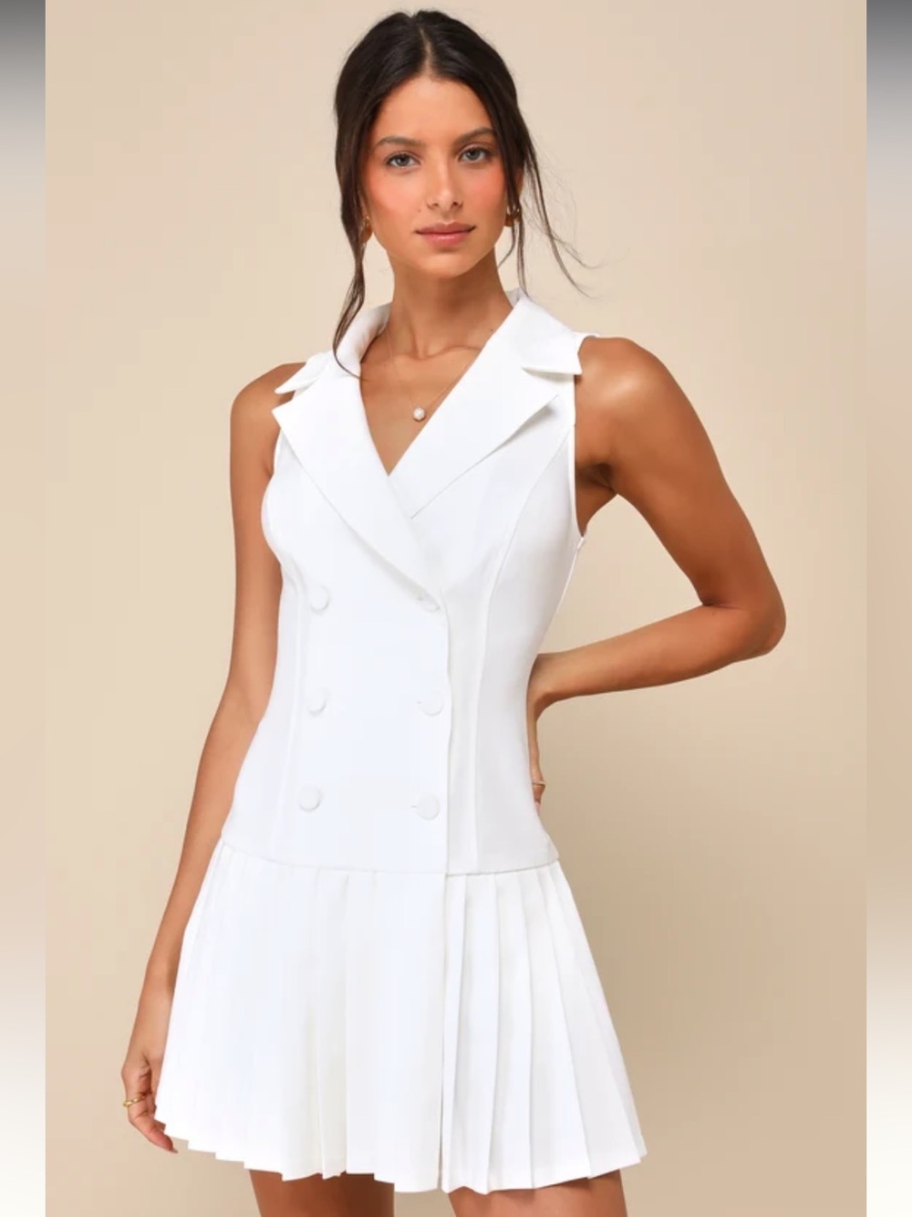 Lulus Posh Vision White Sleeveless Blazer Pleated Mini Dress Size Medium